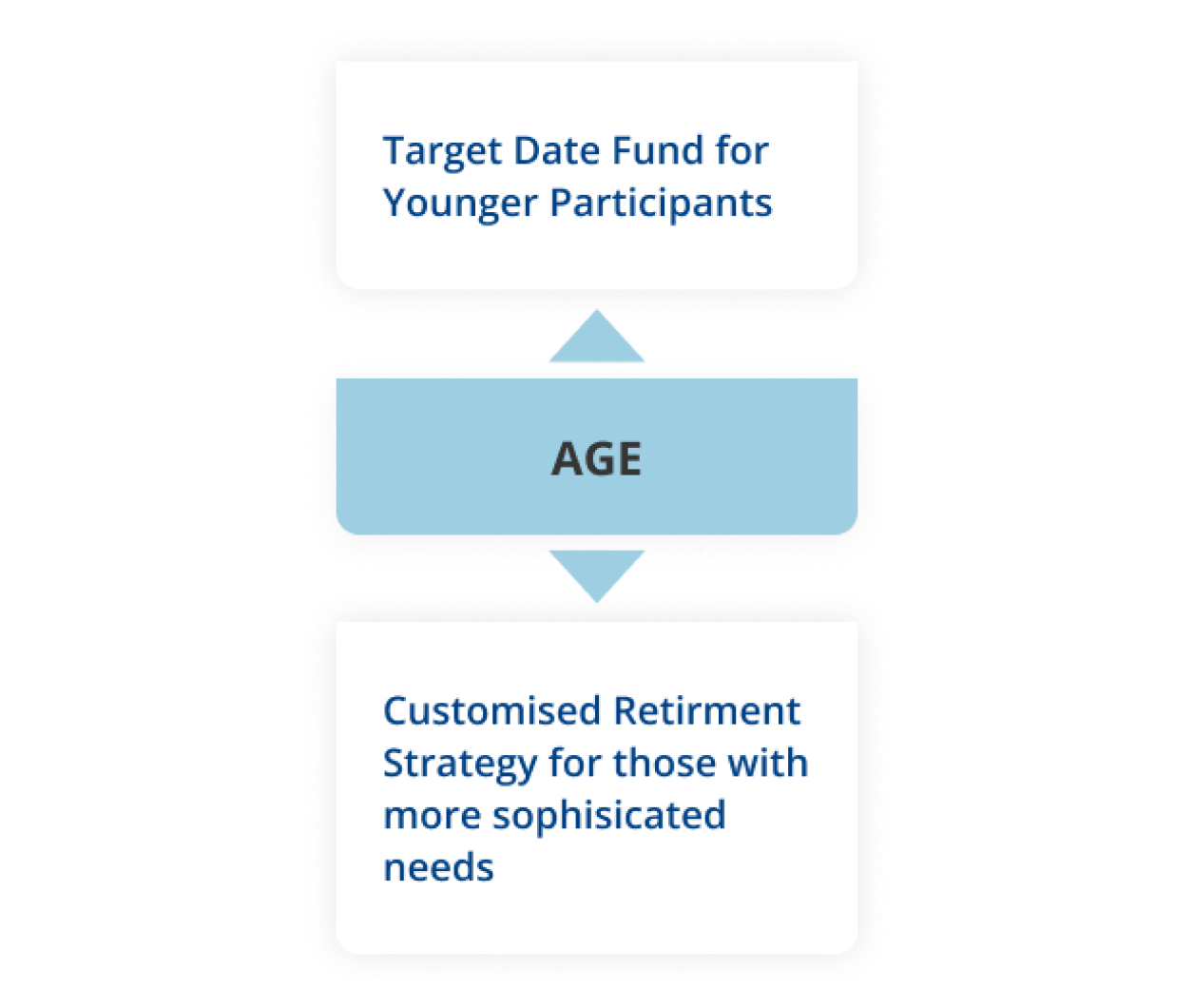 Target Date fund for younger participants. Customized retirement strategy for those with more sophisticated needs. 